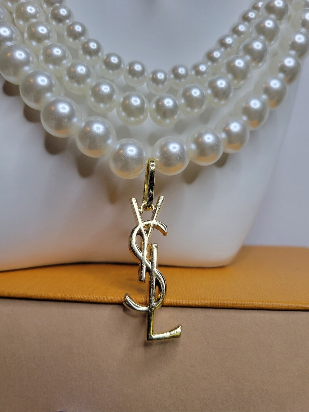 3 Strand Faux Pearl Necklace, 1.5" Gold YSL Zipper Pull